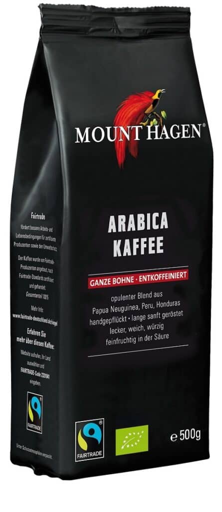 KAWA ZIARNISTA BEZKOFEINOWA ARABICA 100 % FAIR TRADE BIO 500 g - MOUNT HAGEN (1 szt.)