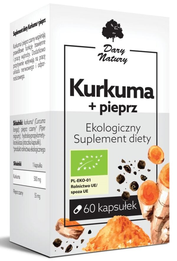 KURKUMA Z CZARNYM PIEPRZEM BIO 60 KAPSUŁEK - DARY NATURY (1 szt.)