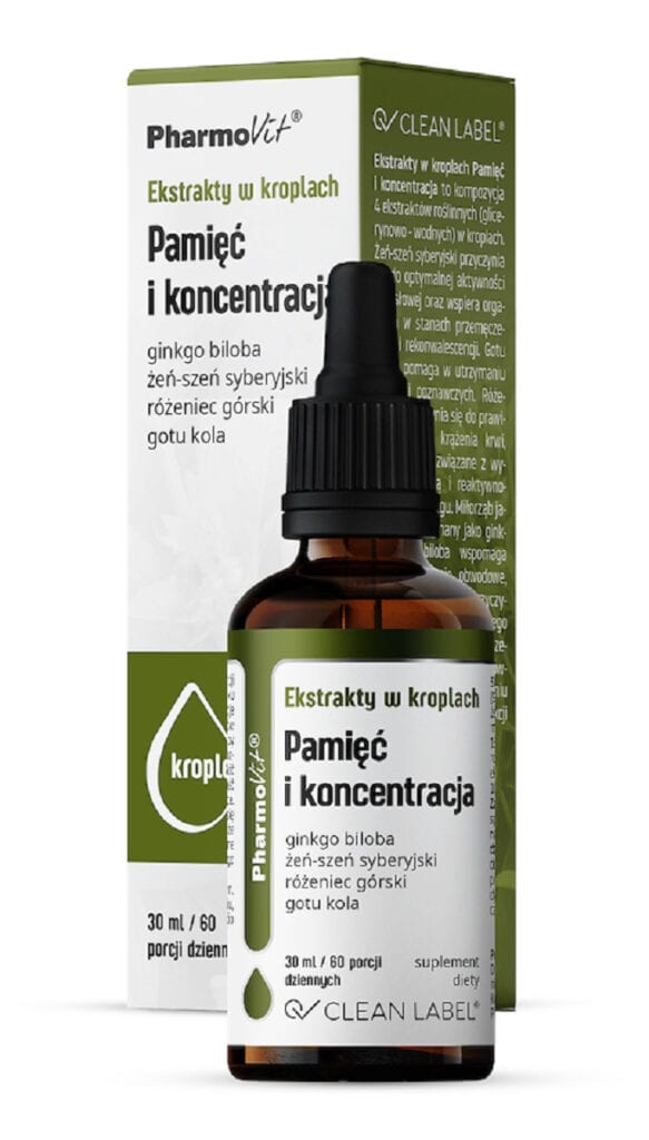 EKSTRAKTY W KROPLACH NA PAMIĘĆ I KONCENTRACJĘ BEZGLUTENOWE 30 ml - PHARMOVIT (CLEAN LABEL) (1 szt.)