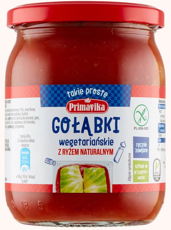 GOŁĄBKI WEGAŃSKIE Z RYŻEM I PIECZARKAMI W SOSIE POMIDOROWYM BEZGLUTENOWE 480 g - PRIMAVIKA (2 szt.)
