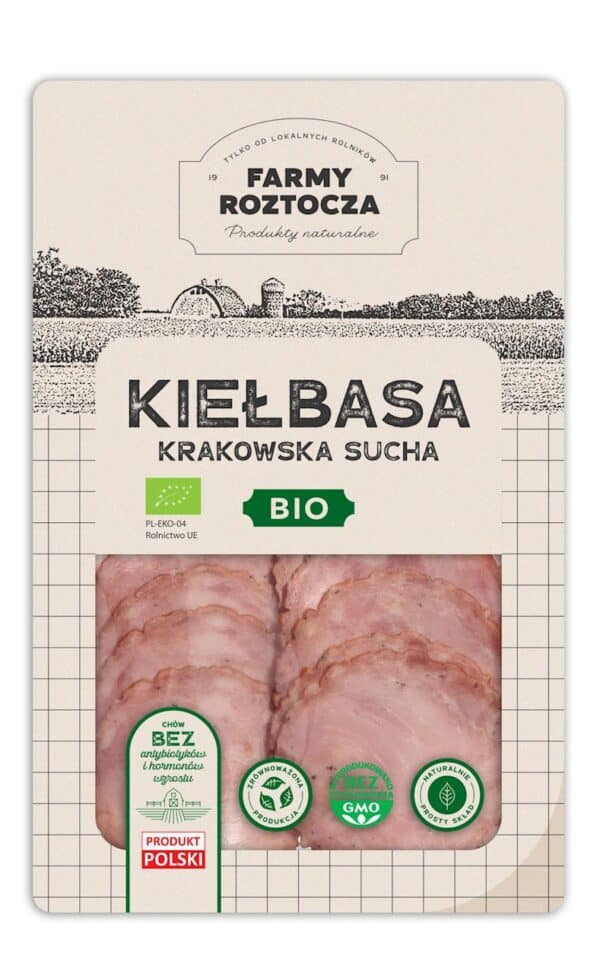 KIEŁBASA KRAKOWSKA SUCHA PLASTRY BIO 80 g - FARMY ROZTOCZA (NA ZAMÓWIENIE) (1 szt.)