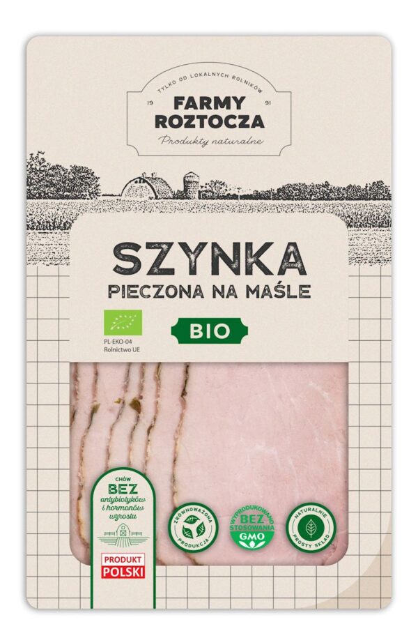 SZYNKA NA MAŚLE PIECZONA PLASTRY BIO 100 g -  FARMY ROZTOCZA (NA ZAMÓWIENIE) (1 szt.)