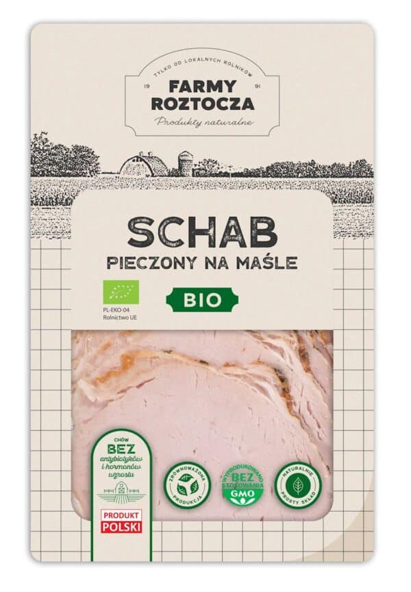 SCHAB NA MAŚLE PIECZONY PLASTRY BIO 100 g -  FARMY ROZTOCZA (NA ZAMÓWIENIE) (1 szt.)