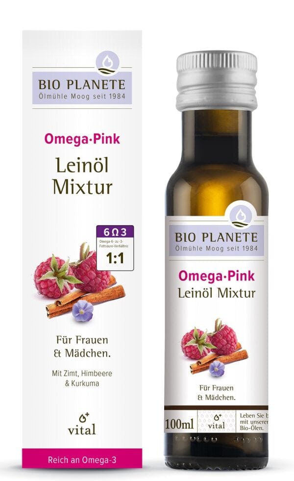OMEGA PINK - MIESZANKA Z OLEJEM LNIANYM (MALINA, CYNAMON, KURKUMA) BIO 100 ml - BIO PLANETE (1 szt.)