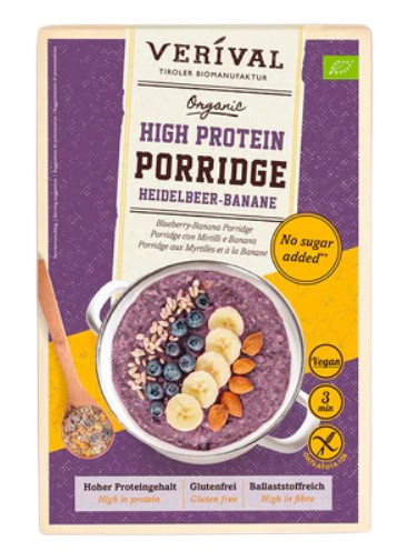 OWSIANKA PROTEINOWA Z BORÓWKĄ I BANANEM BEZ DODATKU CUKRÓW BEZGLUTENOWA BIO 350 g - VERIVAL (1 szt.)