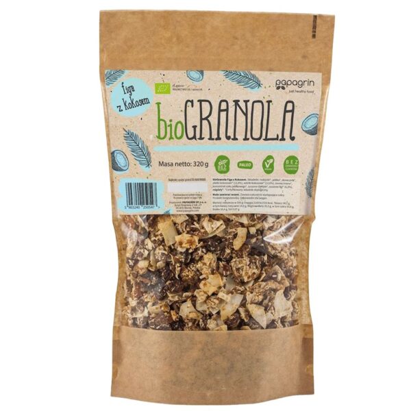 GRANOLA FIGA Z KOKOSEM BEZ DODATKU CUKRÓW BEZGLUTENOWA BIO 320 g - PAPAGRIN (1 szt.)