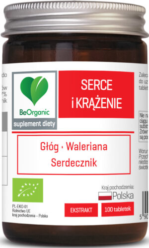 TABLETKI WSPOMAGAJĄCE SERCE I KRĄŻENIE (GŁÓG, WALERIANA, SERDECZNIK) BIO 100 szt. - BE ORGANIC (1 szt.)