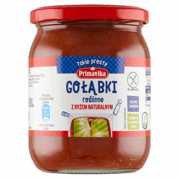 GOŁĄBKI WEGAŃSKIE Z RYŻEM I PIECZARKAMI W SOSIE POMIDOROWYM BEZGLUTENOWE 480 g - PRIMAVIKA (2 szt.)