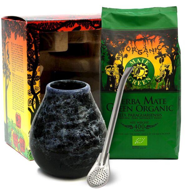 ZESTAW YERBA MATE BIO 400 g, MATERO (LOSOWY WZÓR), BOMBILLA - ORGANIC MATE GREEN (1 szt.)