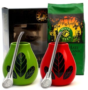 ZESTAW DLA DWOJGA YERBA MATE BIO 400 g, 2 x MATERO (LOSOWY WZÓR), 2 x BOMBILLA - ORGANIC MATE GREEN (1 szt.)