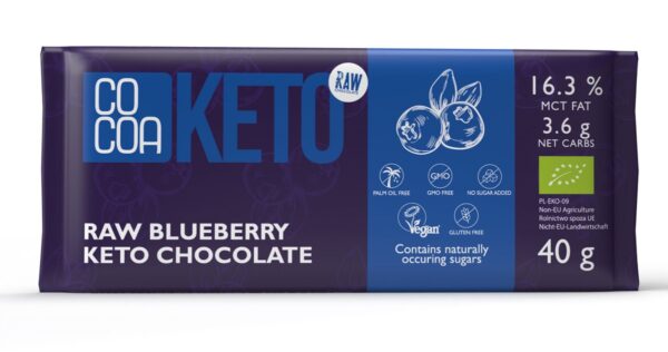 CZEKOLADA Z JAGODAMI I OLEJEM MCT BEZ DODATKU CUKRÓW BEZGLUTENOWA KETO BIO 40 g - COCOA (2 szt.)
