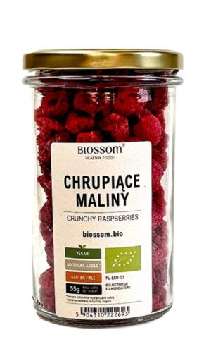 MALINY LIOFILIZOWANE CHRUPIĄCE  BEZGLUTENOWE BIO 55 g - BIOSSOM (1 szt.)