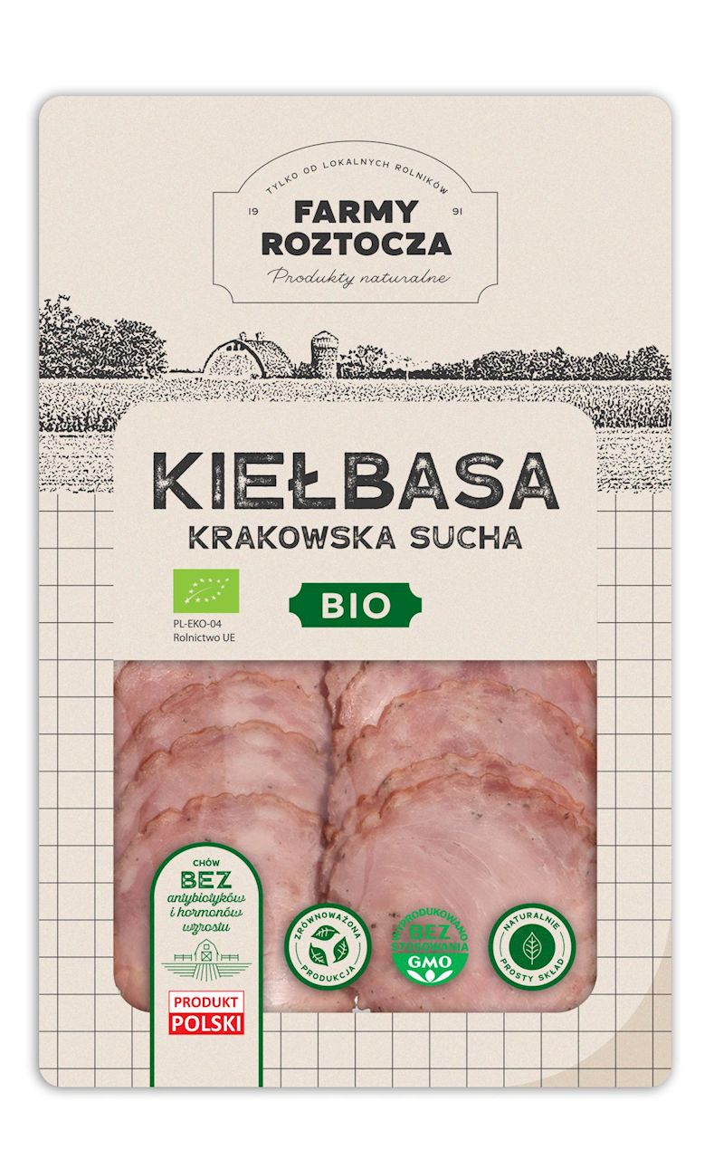 KIEŁBASA KRAKOWSKA SUCHA PLASTRY BIO 80 g - FARMY ROZTOCZA (Z PÓŁKI) (2 szt.)