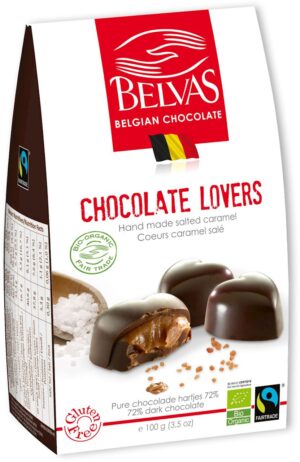 CZEKOLADKI BELGIJSKIE SERCA Z KARMELEM I SOLĄ MORSKĄ FAIR TRADE BEZGLUTENOWE BIO 100 g - BELVAS (2 szt.)