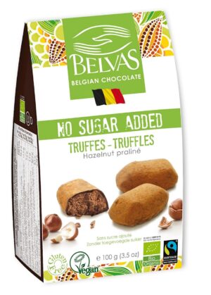 CZEKOLADKI BELGIJSKIE TRUFLE Z ORZECHAMI LASKOWYMI BEZ DODATKU CUKRÓW FAIR TRADE BEZGLUTENOWE BIO 100 g - BELVAS (1 szt.)