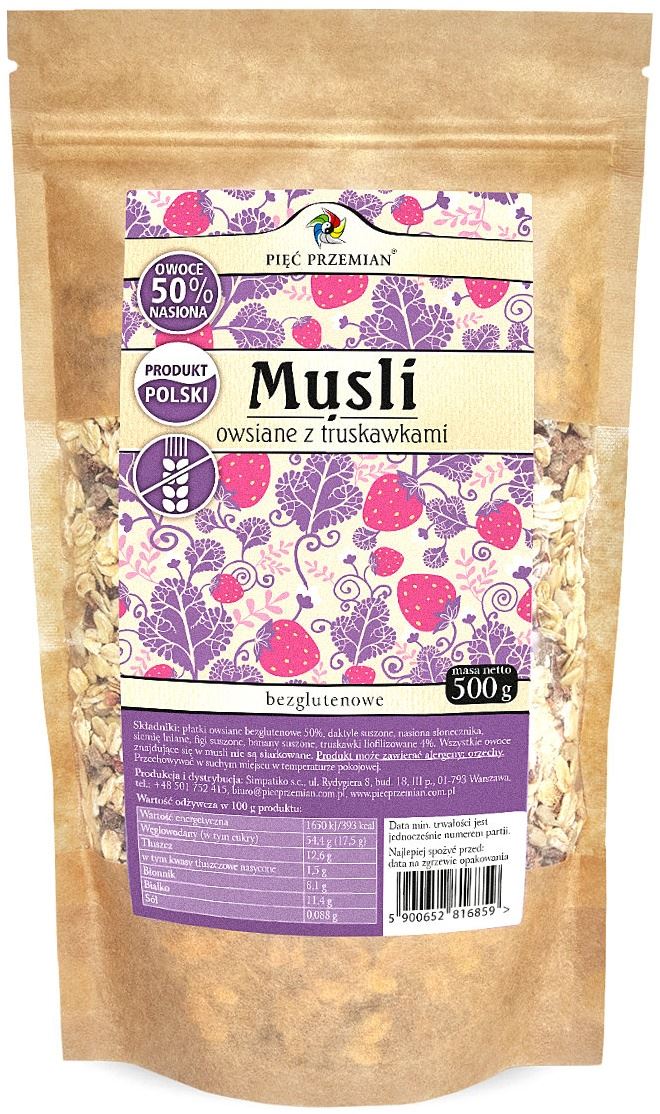 MUSLI OWSIANE TRUSKAWKOWE BEZ DODATKU CUKRÓW BEZGLUTENOWE 500 g - PIĘĆ PRZEMIAN (2 szt.)