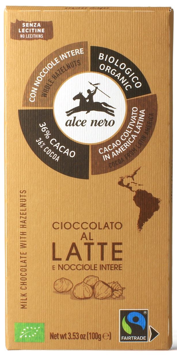 CZEKOLADA MLECZNA Z CAŁYMI ORZECHAMI LASKOWYMI FAIR TRADE BIO 100 g - ALCE NERO (2 szt.)