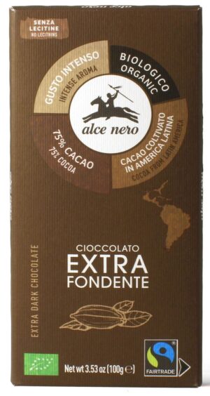 CZEKOLADA GORZKA 75 % FAIR TRADE BEZGLUTENOWA BIO 100 g - ALCE NERO (2 szt.)