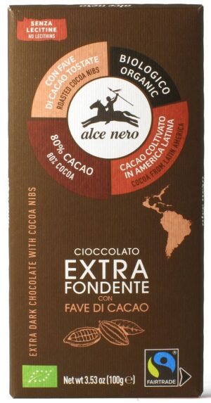 CZEKOLADA GORZKA Z ZIARNAMI KAKAOWCA FAIR TRADE BEZGLUTENOWA BIO 100 g - ALCE NERO (2 szt.)