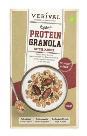 GRANOLA PROTEINOWA Z DAKTYLAMI I MIGDAŁAMI BEZ DODATKU CUKRÓW BIO 325 g - VERIVAL (1 szt.)