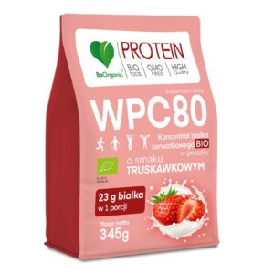 BIAŁKO SERWATKOWE O SMAKU TRUSKAWKOWYM (KONCENTRAT WPC 80) BEZ DODATKU CUKRÓW BIO 345 g - BE ORGANIC (1 szt.)