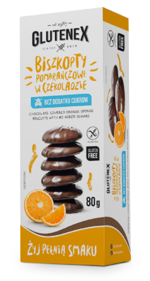 BISZKOPTY POMARAŃCZOWE W CZEKOLADZIE BEZ DODATKU CUKRÓW BEZGLUTENOWE 80 g - GLUTENEX (3 szt.)