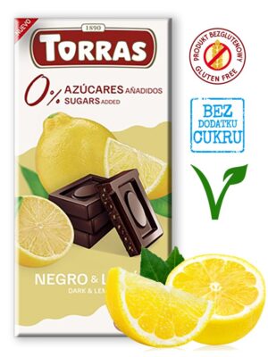 CZEKOLADA GORZKA Z CYTRYNĄ BEZ DODATKU CUKRÓW BEZGLUTENOWA 75 g - TORRAS (3 szt.)