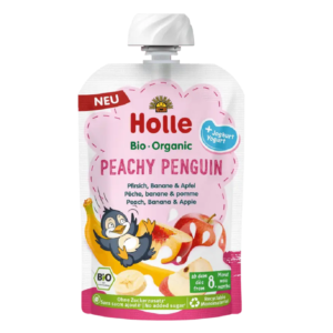 MUS BRZOSKWINIOWY PINGWIN (BRZOSKWINIA - BANAN - JABŁKO - JOGURT) BEZ DODATKU CUKRÓW BEZGLUTENOWY OD 8 MIESIĄCA BIO 100 g - HOLLE (1 szt.)